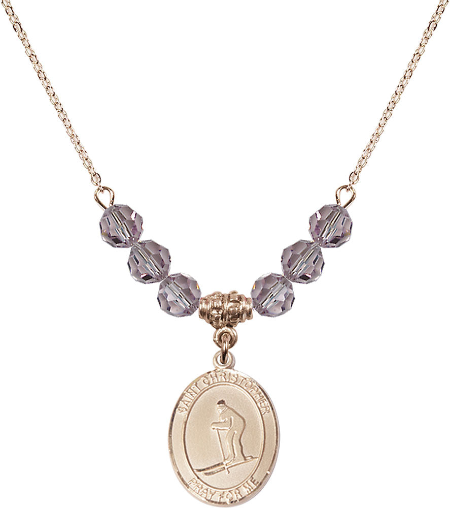14kt Gold Filled Saint Christopher / Skiing Birthstone Necklace with Light Amethyst Beads - 8193