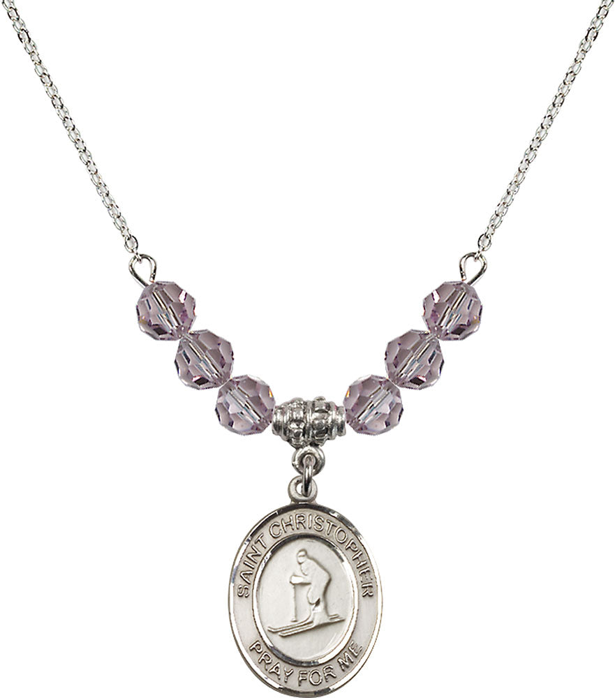 Sterling Silver Saint Christopher / Skiing Birthstone Necklace with Light Amethyst Beads - 8193