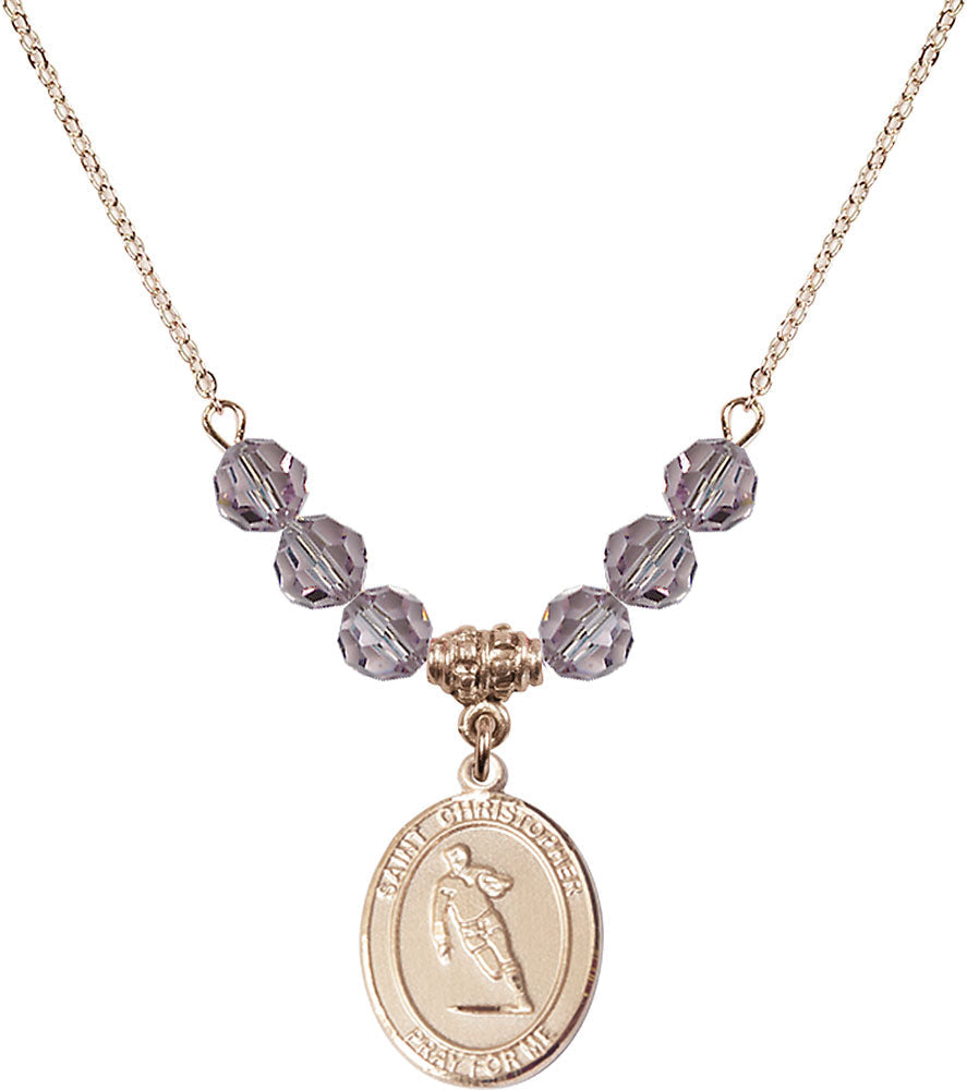14kt Gold Filled Saint Christopher / Rugby Birthstone Necklace with Light Amethyst Beads - 8194