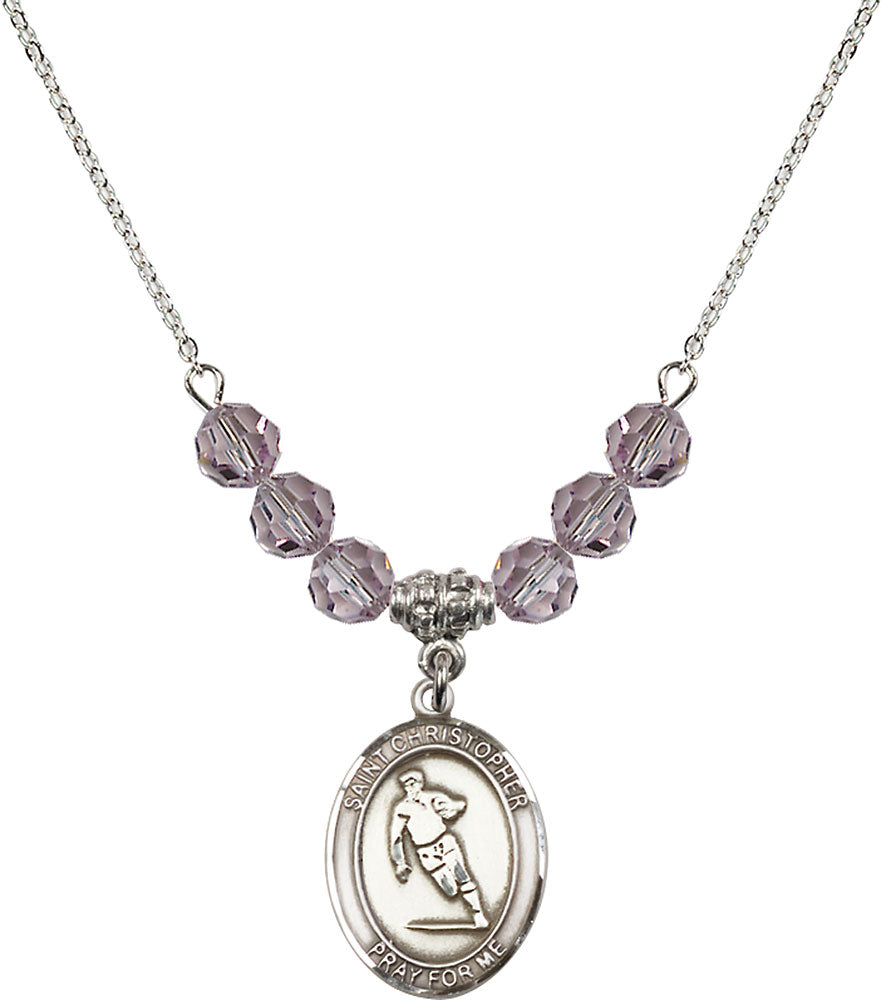 Sterling Silver Saint Christopher / Rugby Birthstone Necklace with Light Amethyst Beads - 8194