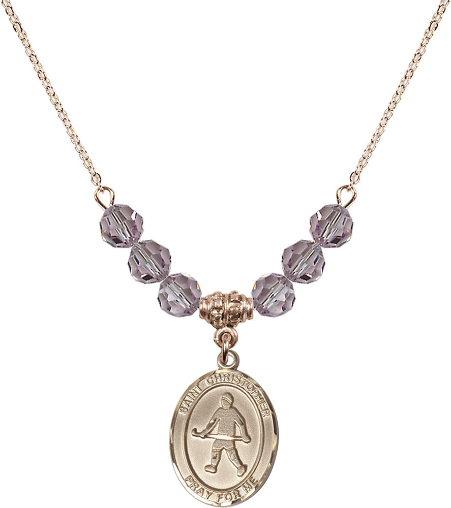 14kt Gold Filled Saint Christopher / Field Hockey Birthstone Necklace with Light Amethyst Beads - 8195