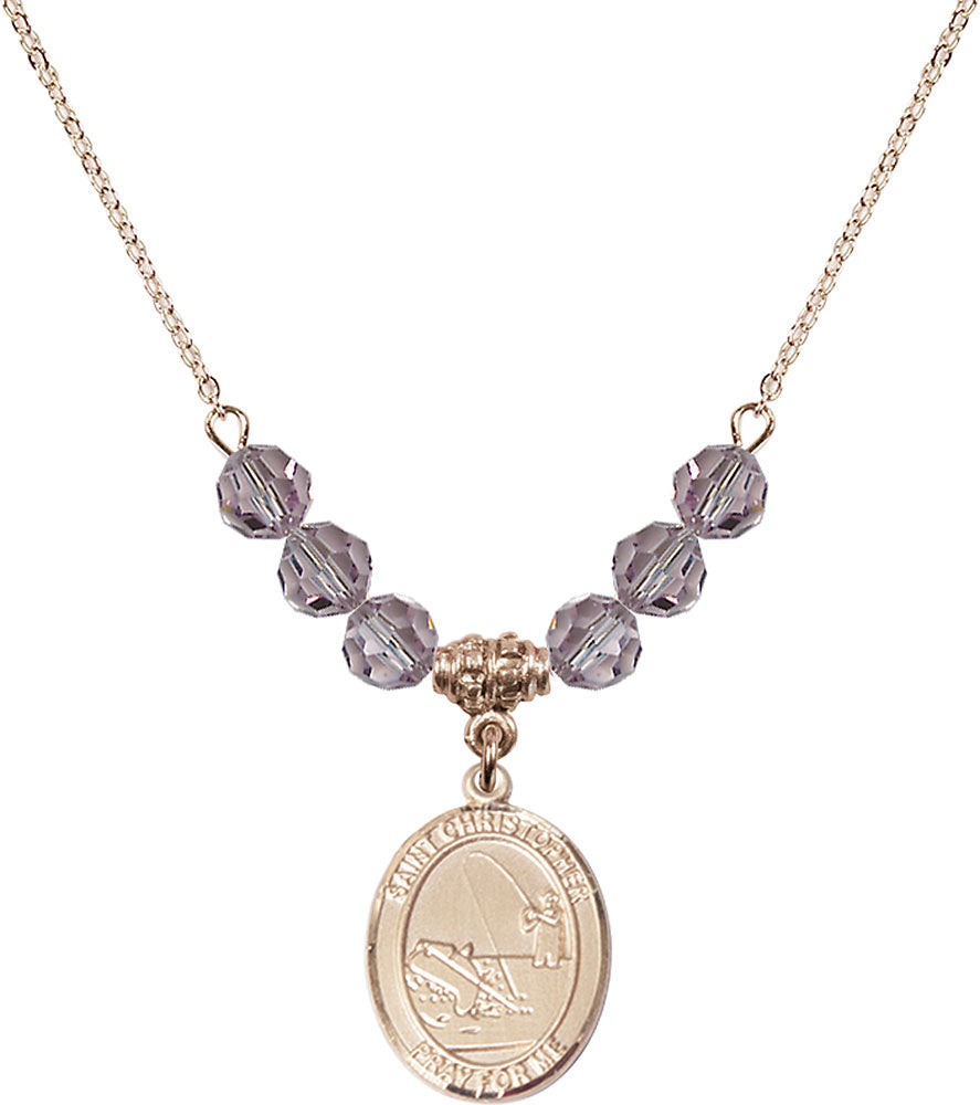 14kt Gold Filled Saint Christopher / Fishing Birthstone Necklace with Light Amethyst Beads - 8196
