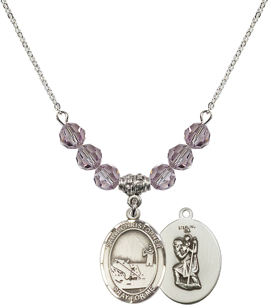 Sterling Silver Saint Christopher / Fishing Birthstone Necklace with Light Amethyst Beads - 8196