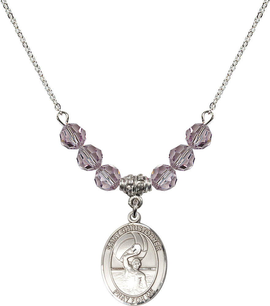 Sterling Silver Saint Christopher/Water Polo-Men Birthstone Necklace with Light Amethyst Beads - 8198