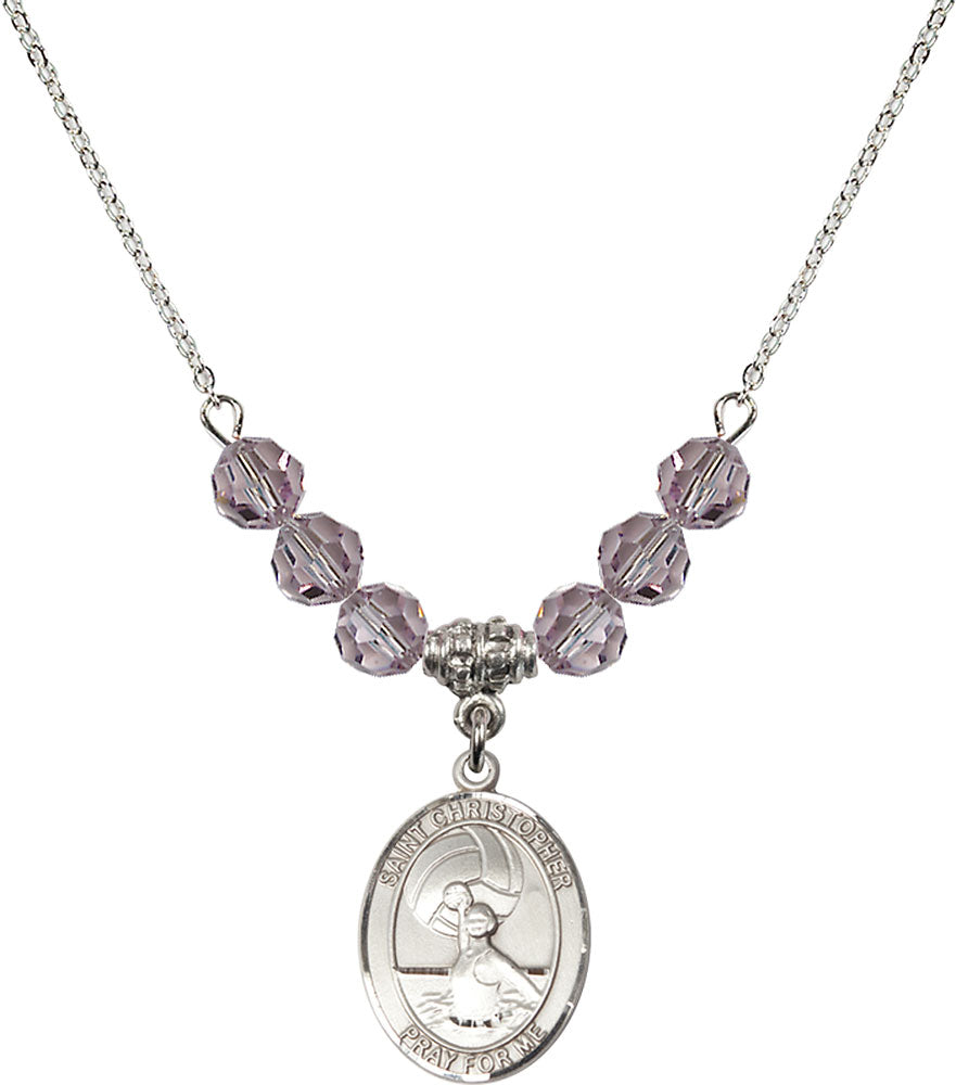 Sterling Silver Saint Christopher/Water Polo-Women Birthstone Necklace with Light Amethyst Beads - 8199