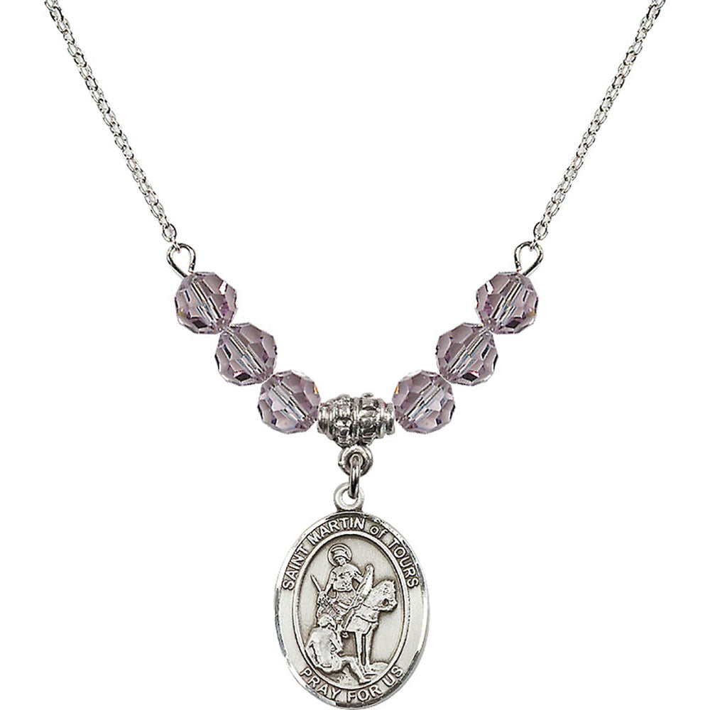 Sterling Silver Saint Martin of Tours Birthstone Necklace with Light Amethyst Beads - 8200