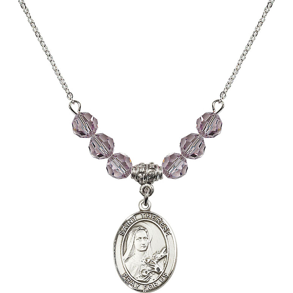 Sterling Silver Saint Therese of Lisieux Birthstone Necklace with Light Amethyst Beads - 8210