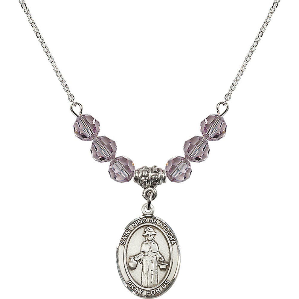 Sterling Silver Saint Nino de Atocha Birthstone Necklace with Light Amethyst Beads - 8214