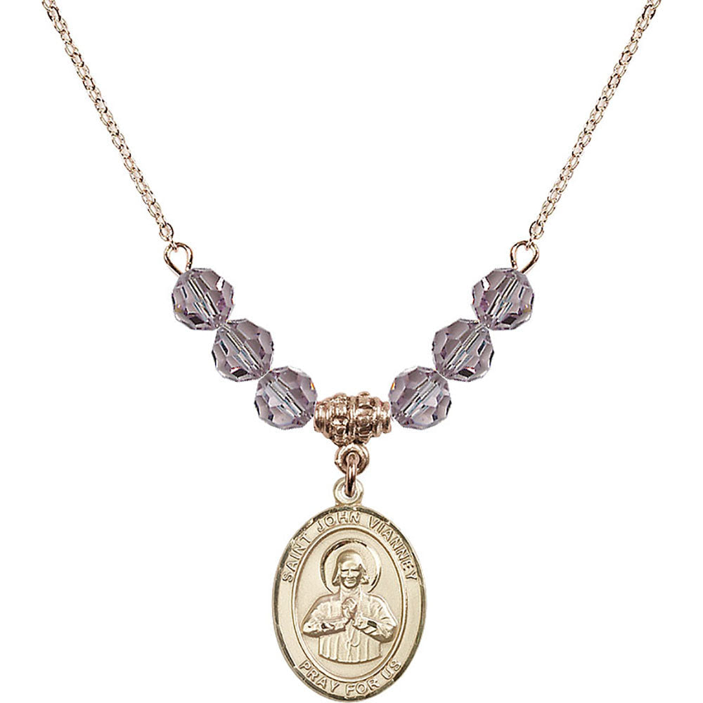 14kt Gold Filled Saint John Vianney Birthstone Necklace with Light Amethyst Beads - 8282