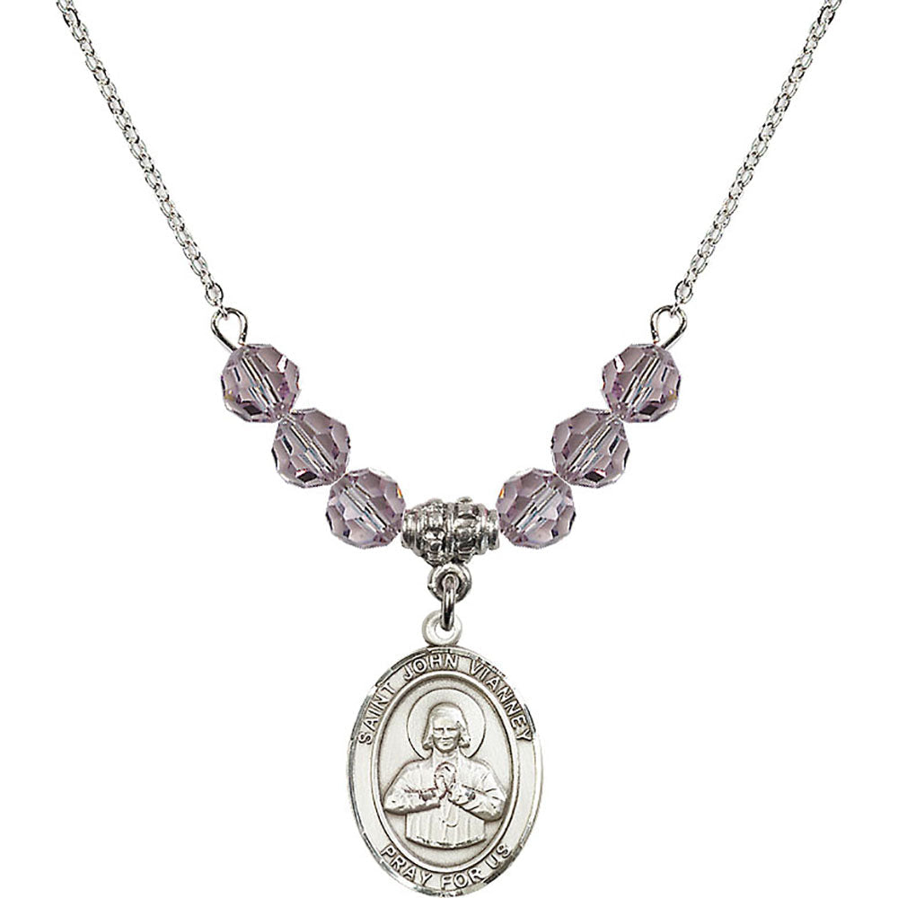 Sterling Silver Saint John Vianney Birthstone Necklace with Light Amethyst Beads - 8282