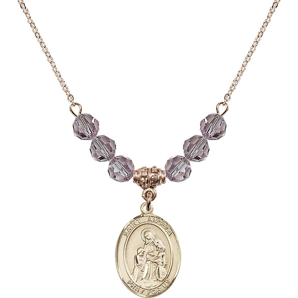 14kt Gold Filled Saint Angela Merici Birthstone Necklace with Light Amethyst Beads - 8284