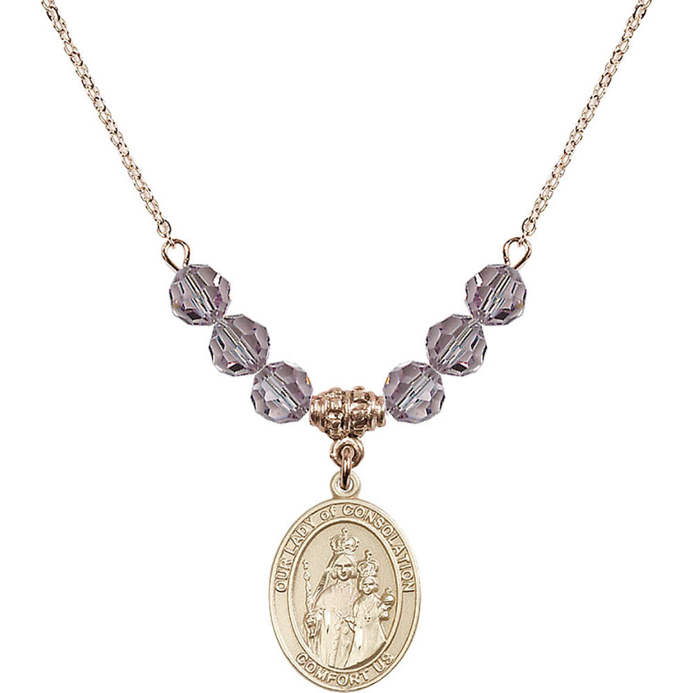 14kt Gold Filled Our Lady of Consolation Birthstone Necklace with Light Amethyst Beads - 8292