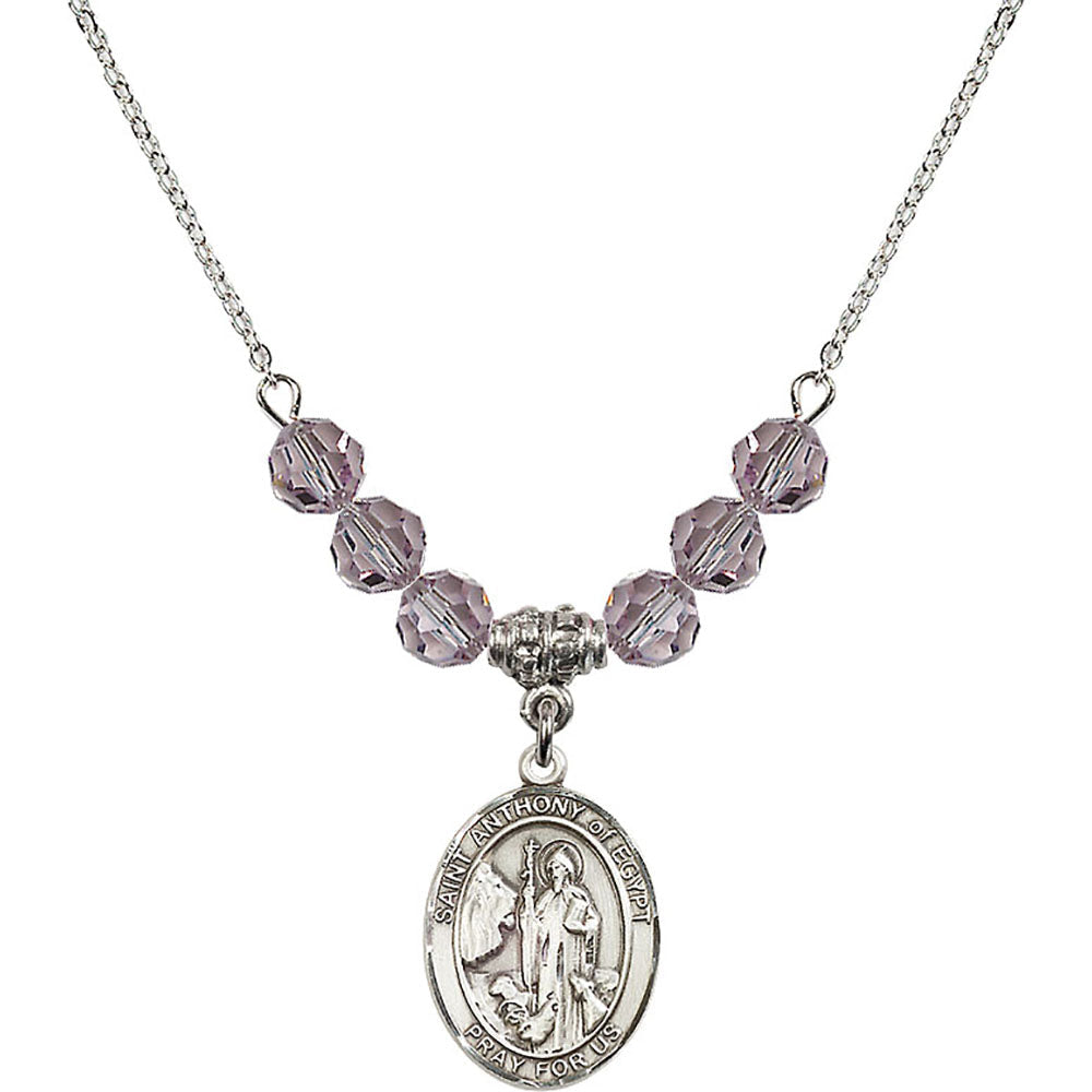 Sterling Silver Saint Anthony of Egypt Birthstone Necklace with Light Amethyst Beads - 8317