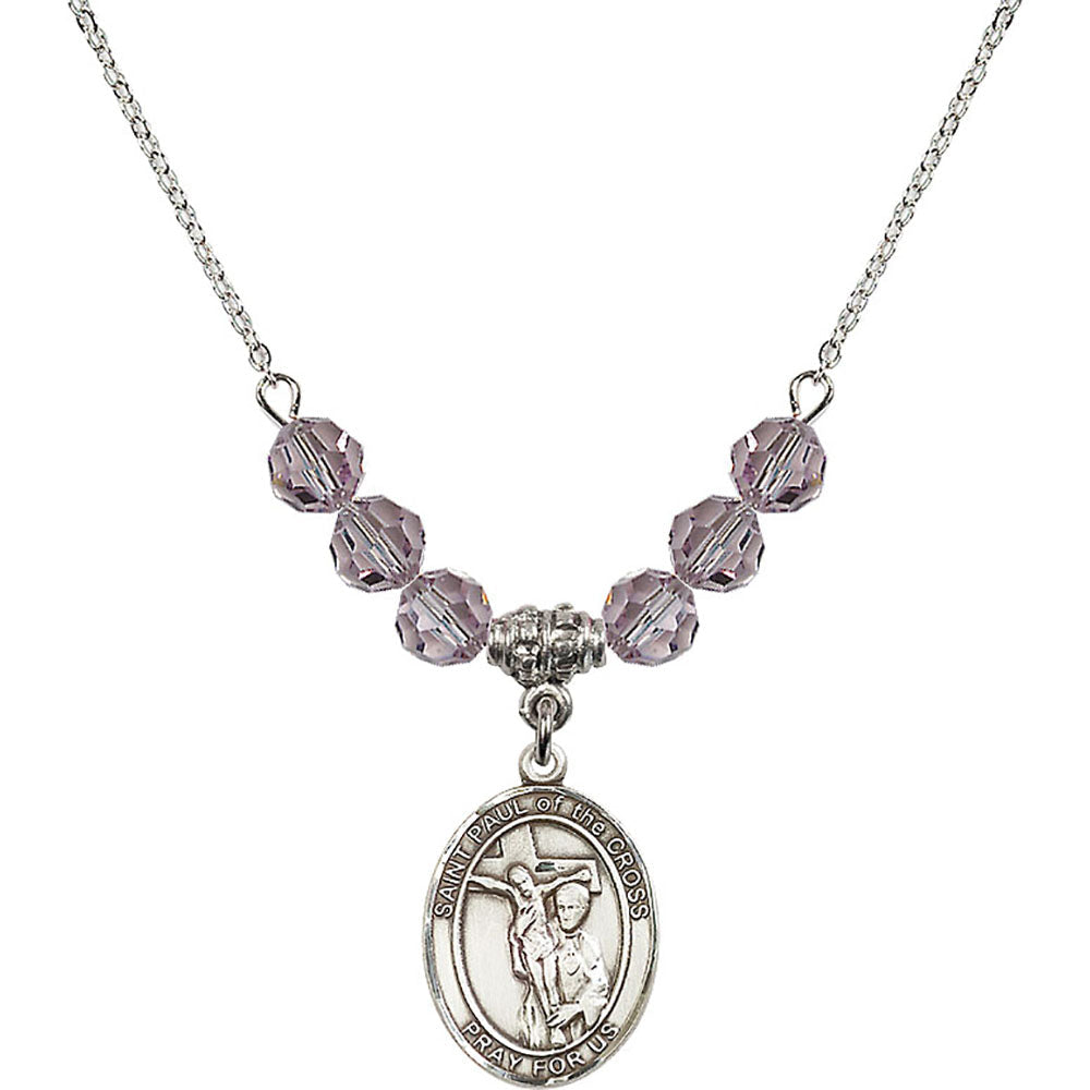 Sterling Silver Saint Paul of the Cross Birthstone Necklace with Light Amethyst Beads - 8318