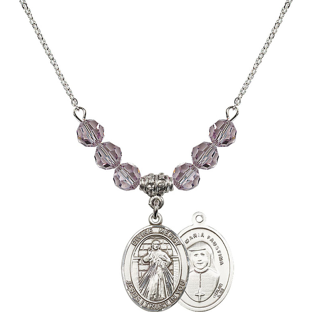 Sterling Silver Divine Mercy Birthstone Necklace with Light Amethyst Beads - 8366