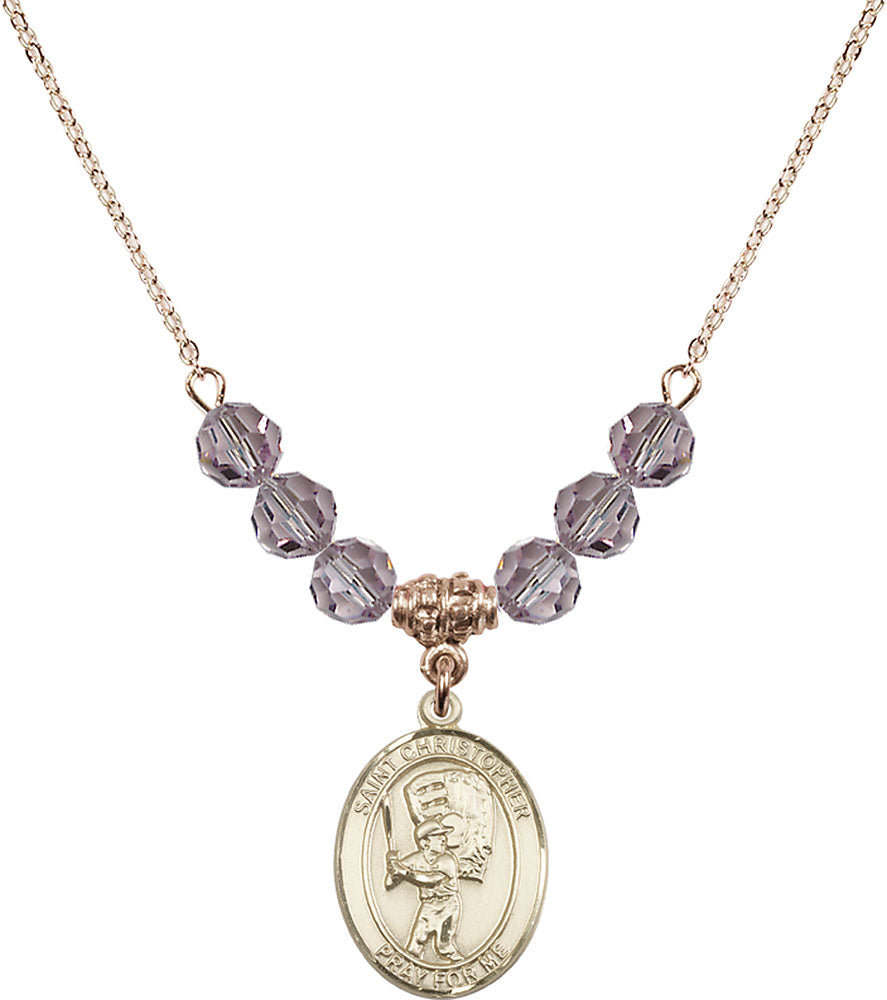 14kt Gold Filled Saint Christopher/Baseball Birthstone Necklace with Light Amethyst Beads - 8500