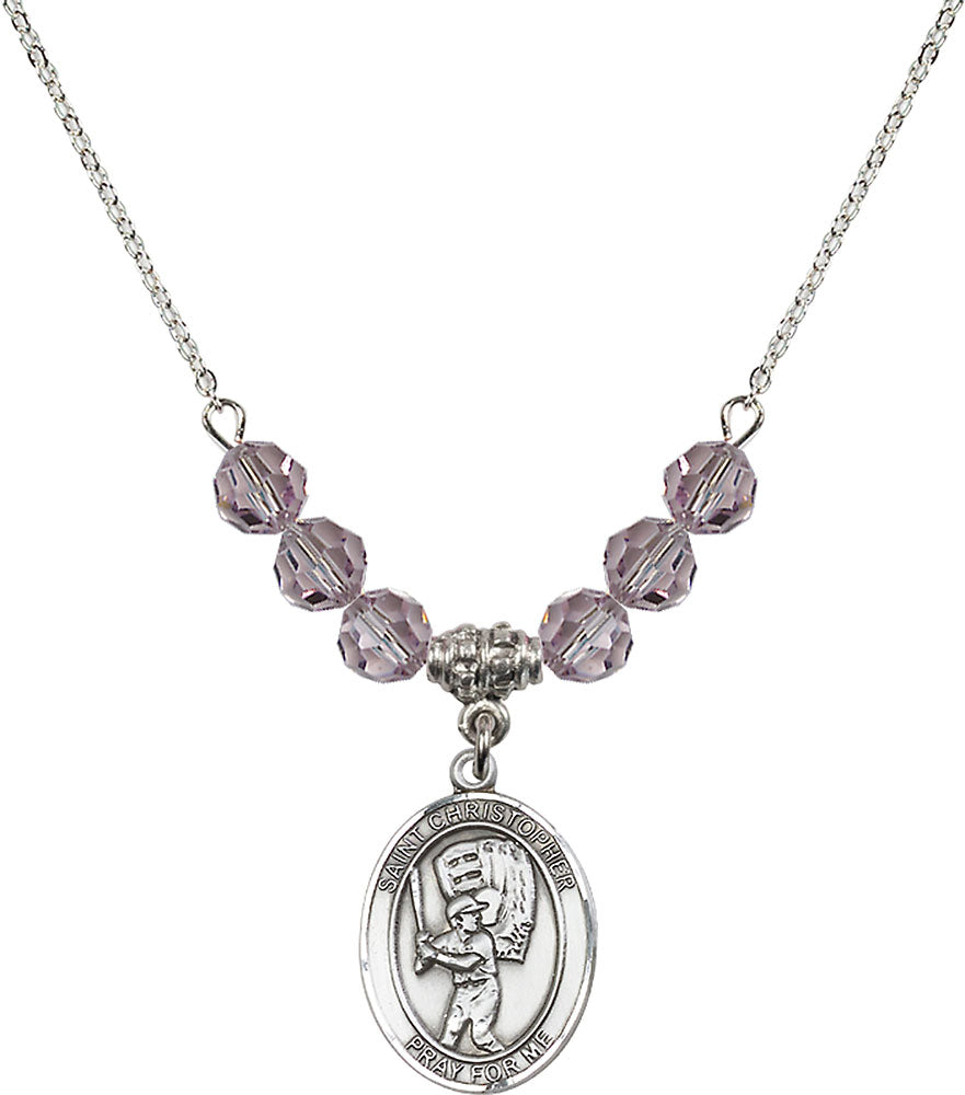 Sterling Silver Saint Christopher/Baseball Birthstone Necklace with Light Amethyst Beads - 8500