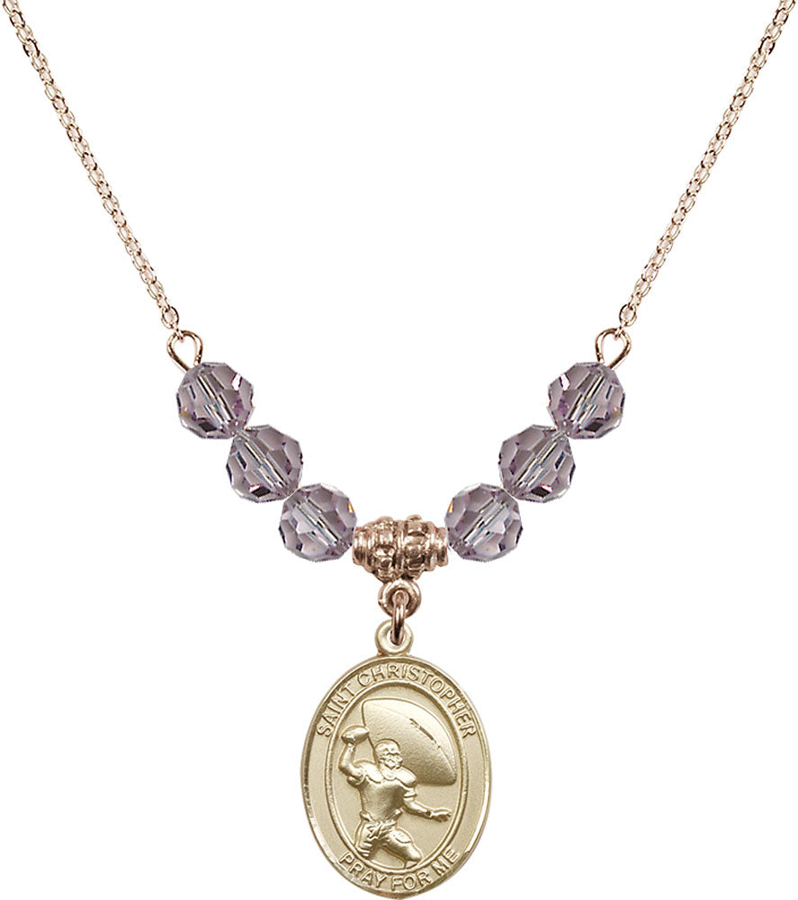 14kt Gold Filled Saint Christopher / Football Birthstone Necklace with Light Amethyst Beads - 8501