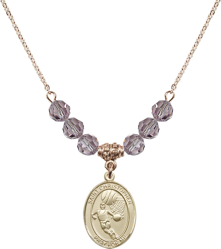 14kt Gold Filled Saint Christopher/Basketball Birthstone Necklace with Light Amethyst Beads - 8502