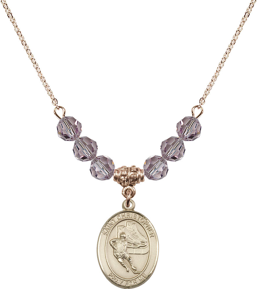 14kt Gold Filled Saint Christopher/Hockey Birthstone Necklace with Light Amethyst Beads - 8504
