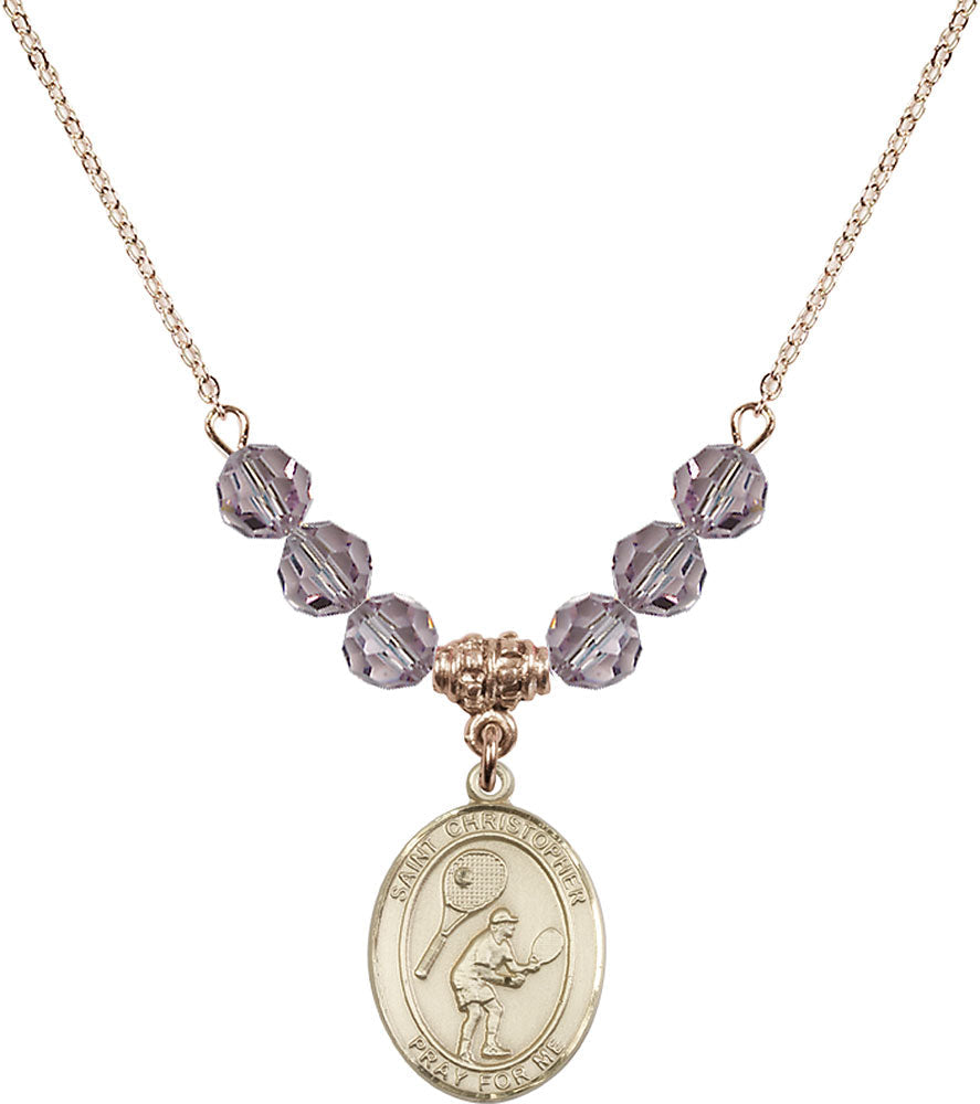 14kt Gold Filled Saint Christopher/Tennis Birthstone Necklace with Light Amethyst Beads - 8505