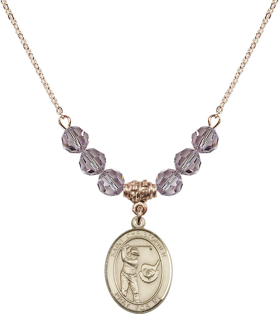 14kt Gold Filled Saint Christopher/Golf Birthstone Necklace with Light Amethyst Beads - 8506