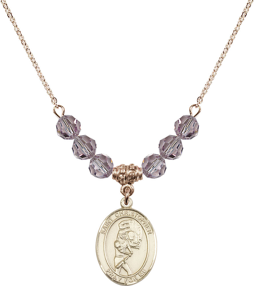 14kt Gold Filled Saint Christopher/Softball Birthstone Necklace with Light Amethyst Beads - 8507