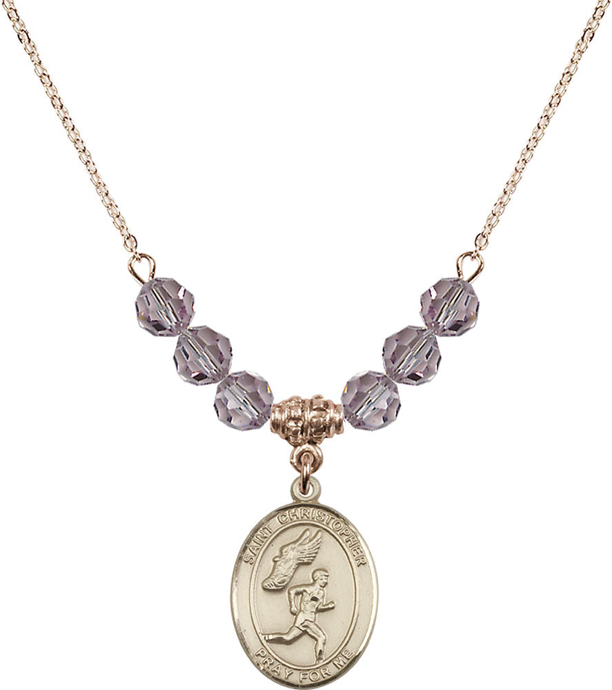14kt Gold Filled Saint Christopher/Track&Field-Men Birthstone Necklace with Light Amethyst Beads - 8509