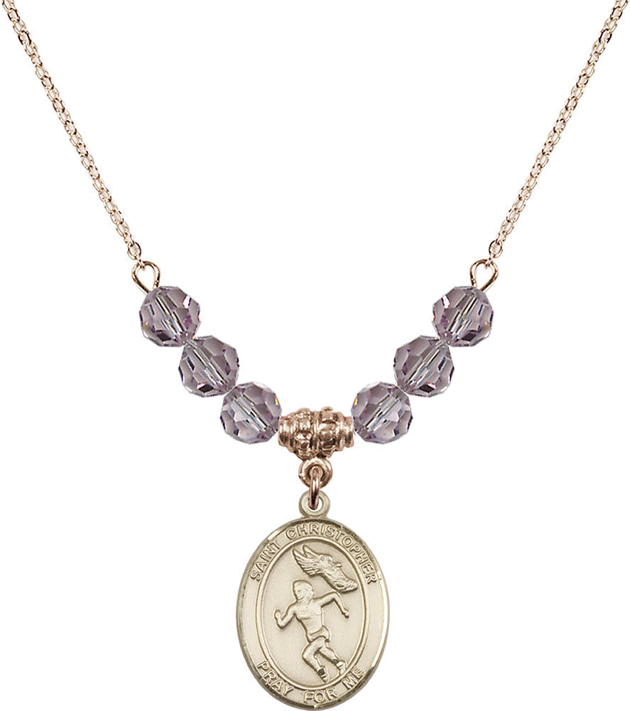 14kt Gold Filled Saint Christopher/Track&Field-Women Birthstone Necklace with Light Amethyst Beads - 8510