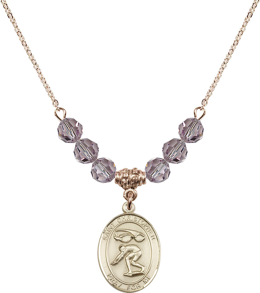 14kt Gold Filled Saint Christopher/Swimming Birthstone Necklace with Light Amethyst Beads - 8511