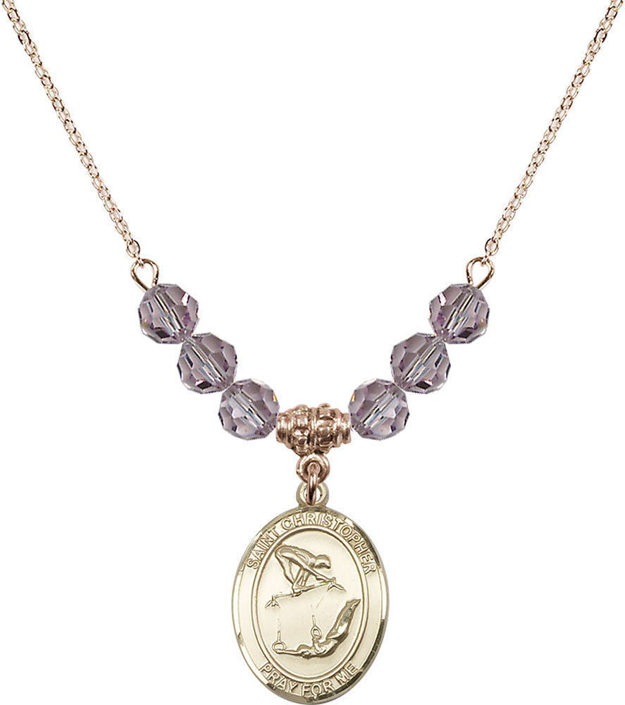 14kt Gold Filled Saint Christopher/Gymnastics Birthstone Necklace with Light Amethyst Beads - 8513