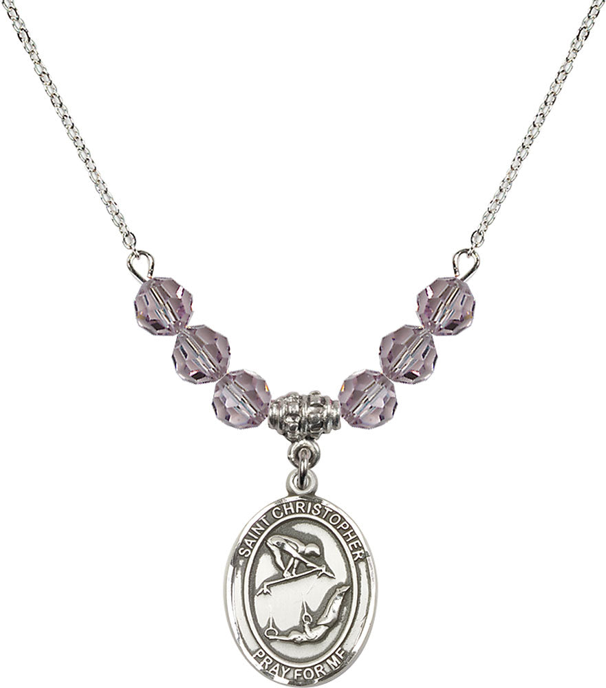 Sterling Silver Saint Christopher/Gymnastics Birthstone Necklace with Light Amethyst Beads - 8513