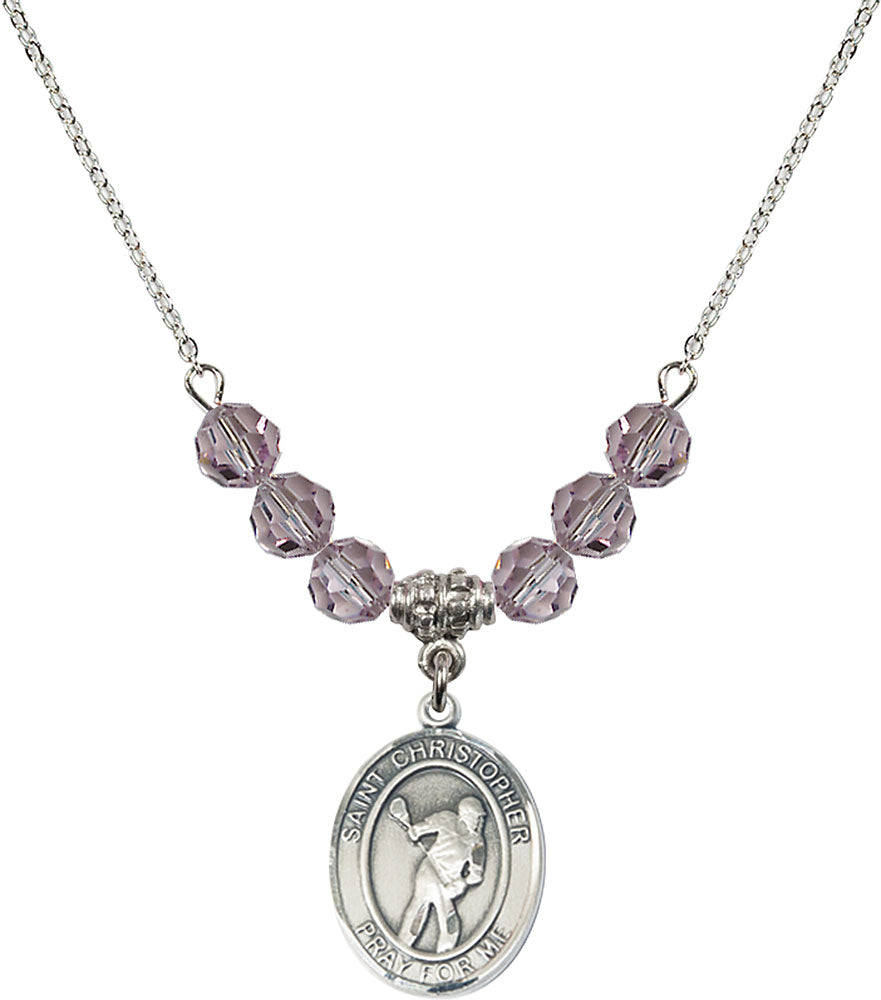 Sterling Silver Saint Christopher/Lacrosse Birthstone Necklace with Light Amethyst Beads - 8516
