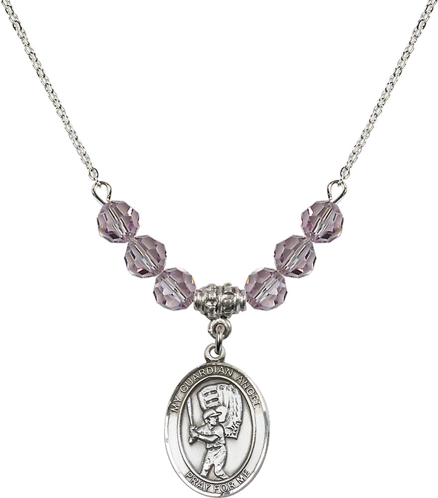 Sterling Silver Guardian Angel/Baseball Birthstone Necklace with Light Amethyst Beads - 8700