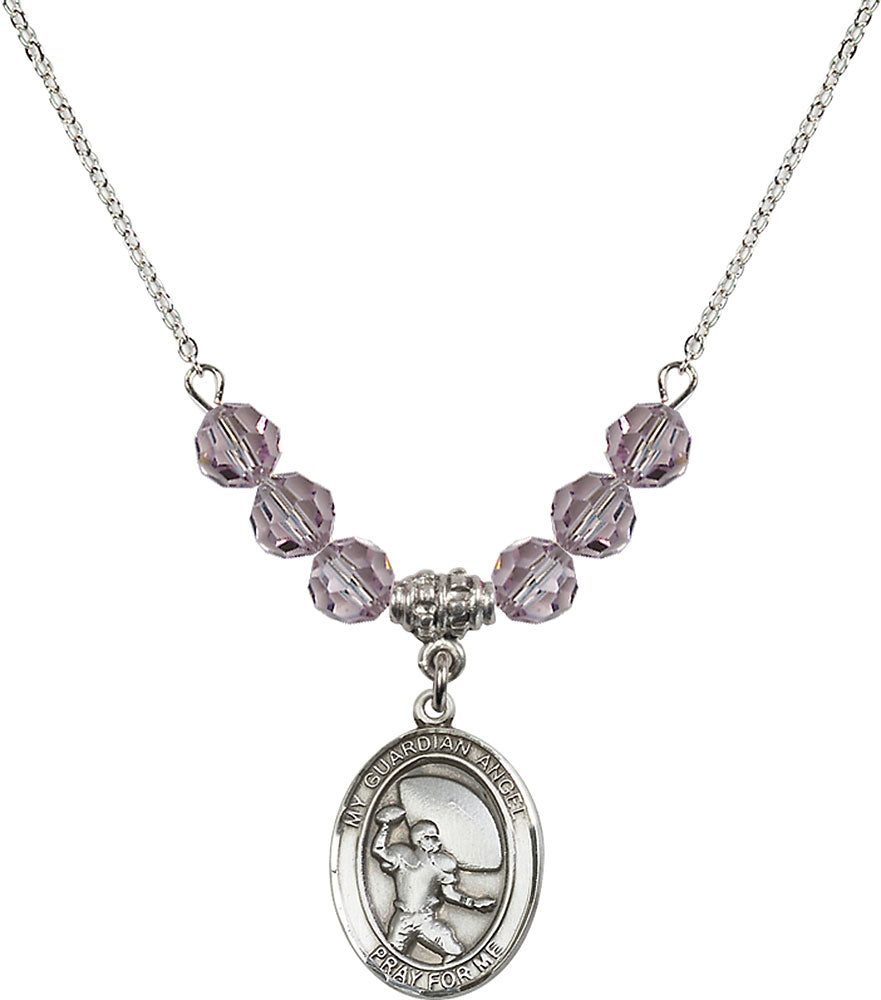 Sterling Silver Guardian Angel/Football Birthstone Necklace with Light Amethyst Beads - 8701
