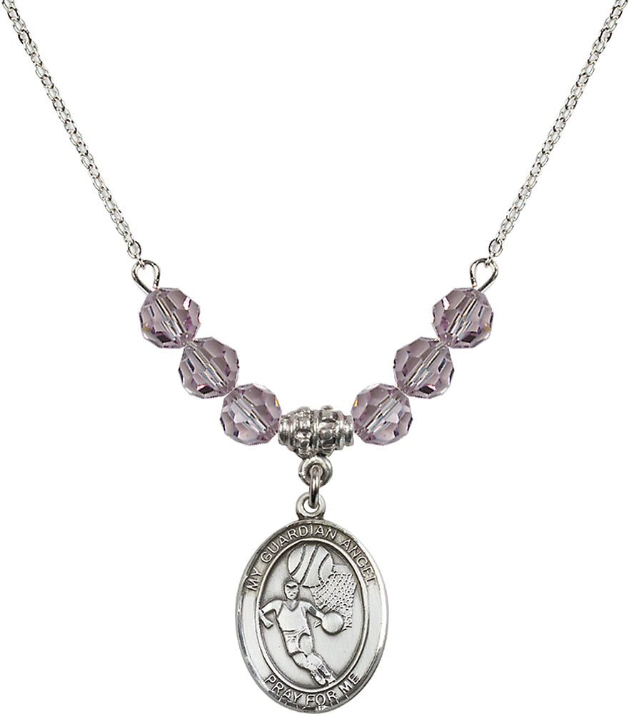 Sterling Silver Guardian Angel/Basketball Birthstone Necklace with Light Amethyst Beads - 8702