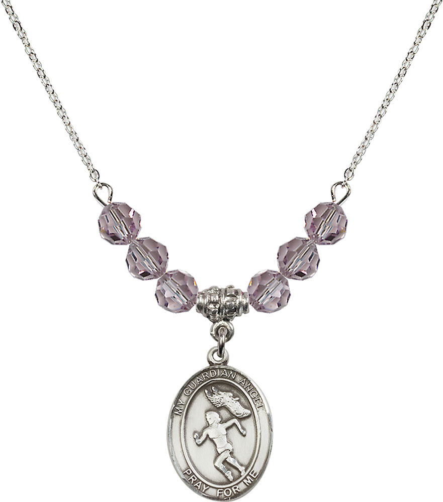 Sterling Silver Guardian Angel/Track&Field-Women Birthstone Necklace with Light Amethyst Beads - 8710