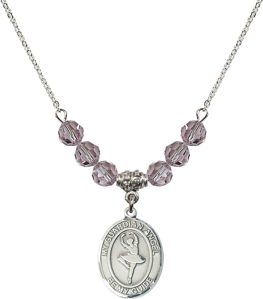 Sterling Silver Guardian Angel/Dance Birthstone Necklace with Light Amethyst Beads - 8712