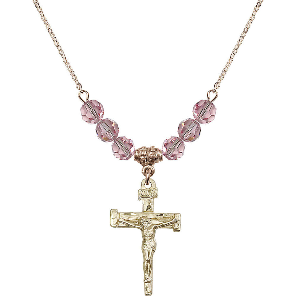 14kt Gold Filled Nail Crucifix Birthstone Necklace with Light Rose Beads - 0073
