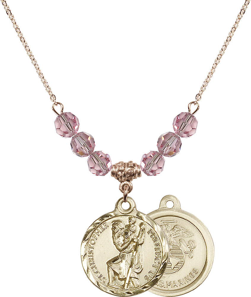 14kt Gold Filled Saint Christopher / Marines Birthstone Necklace with Light Rose Beads - 0192