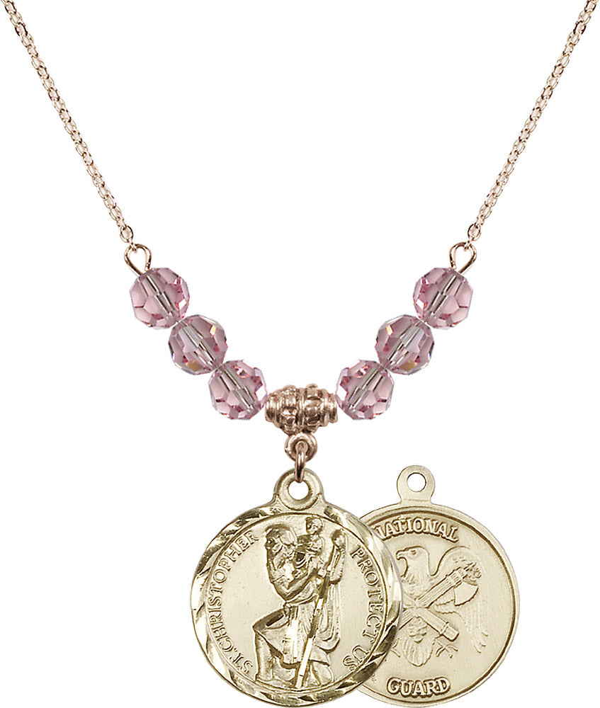14kt Gold Filled Saint Christopher / Nat'l Guard Birthstone Necklace with Light Rose Beads - 0192