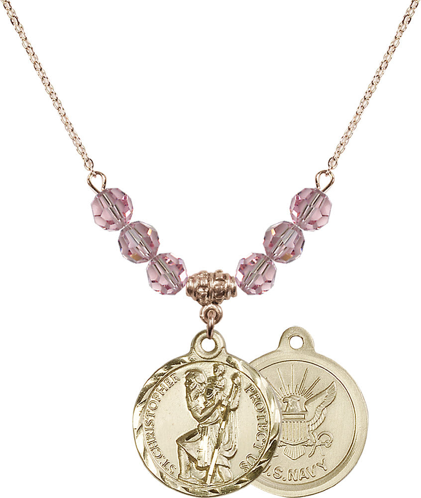 14kt Gold Filled Saint Christopher / Navy Birthstone Necklace with Light Rose Beads - 0192