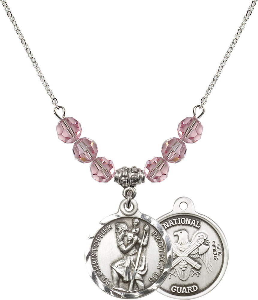Sterling Silver Saint Christopher / Nat'l Guard Birthstone Necklace with Light Rose Beads - 0192
