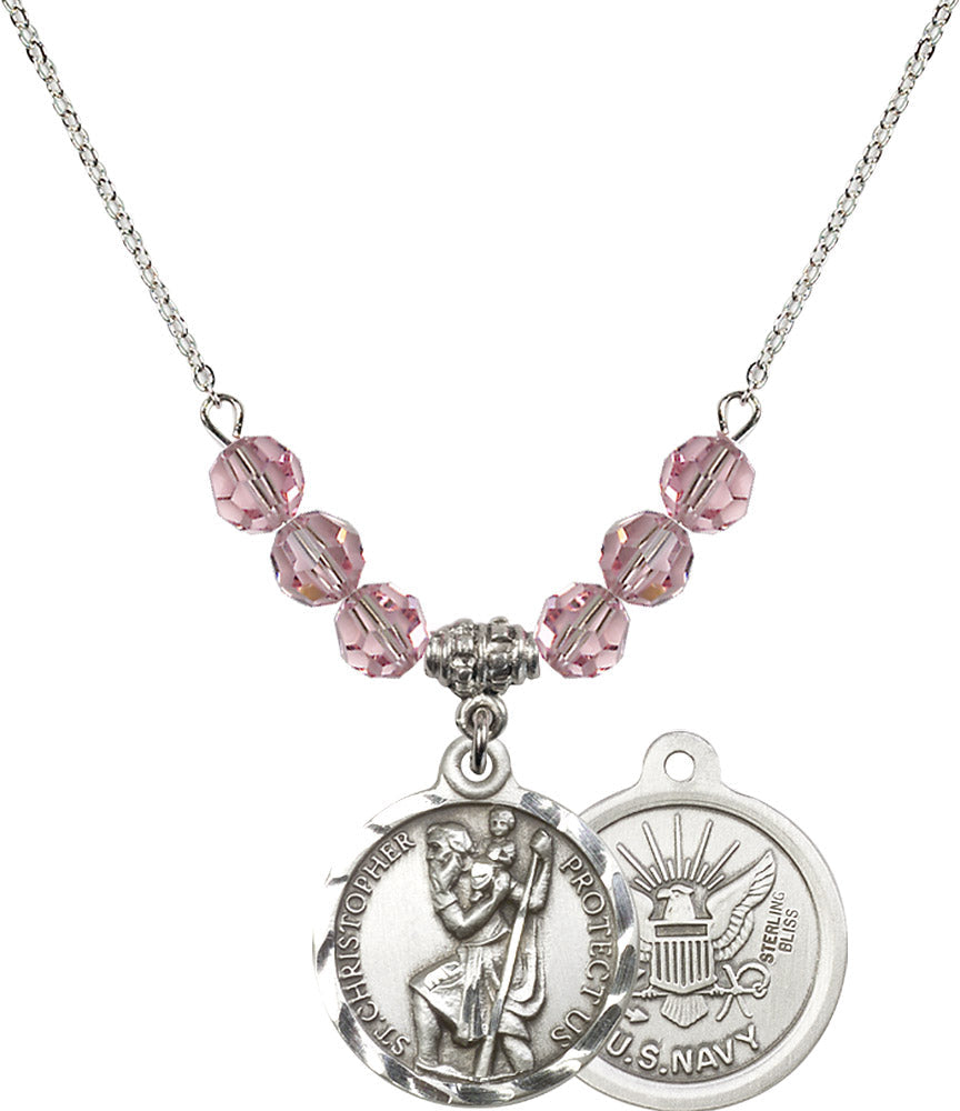 Sterling Silver Saint Christopher / Navy Birthstone Necklace with Light Rose Beads - 0192