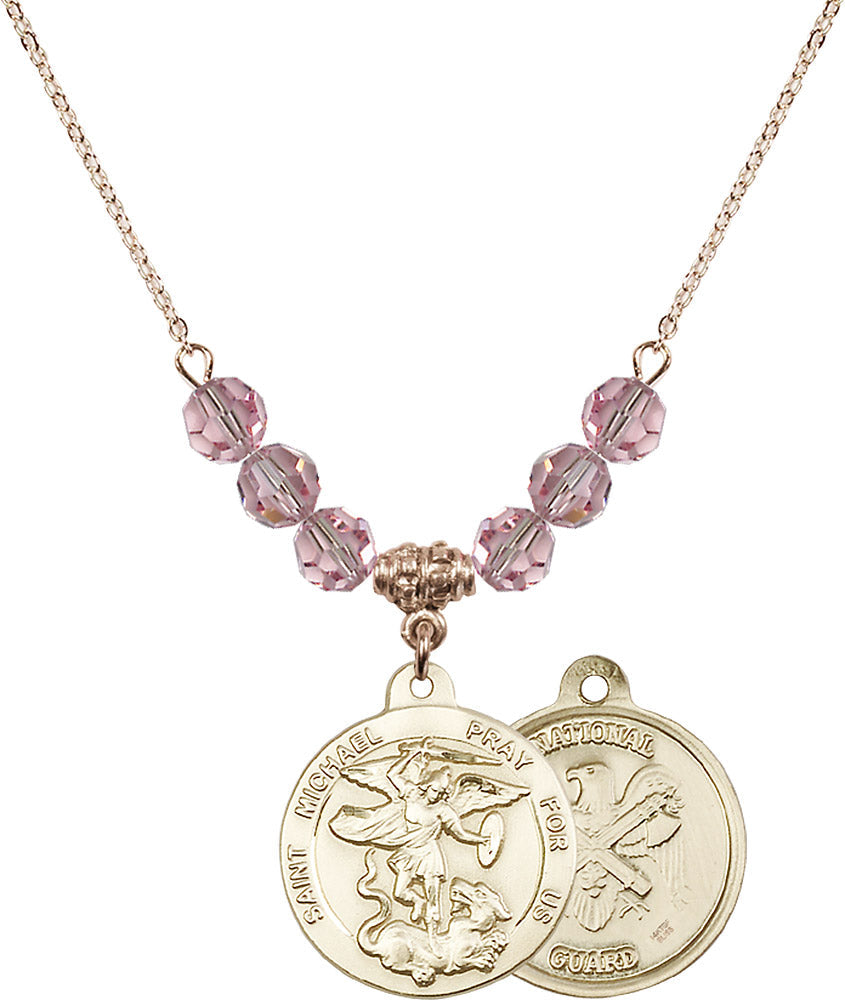 14kt Gold Filled Saint Michael / Nat'l Guard Birthstone Necklace with Light Rose Beads - 0342