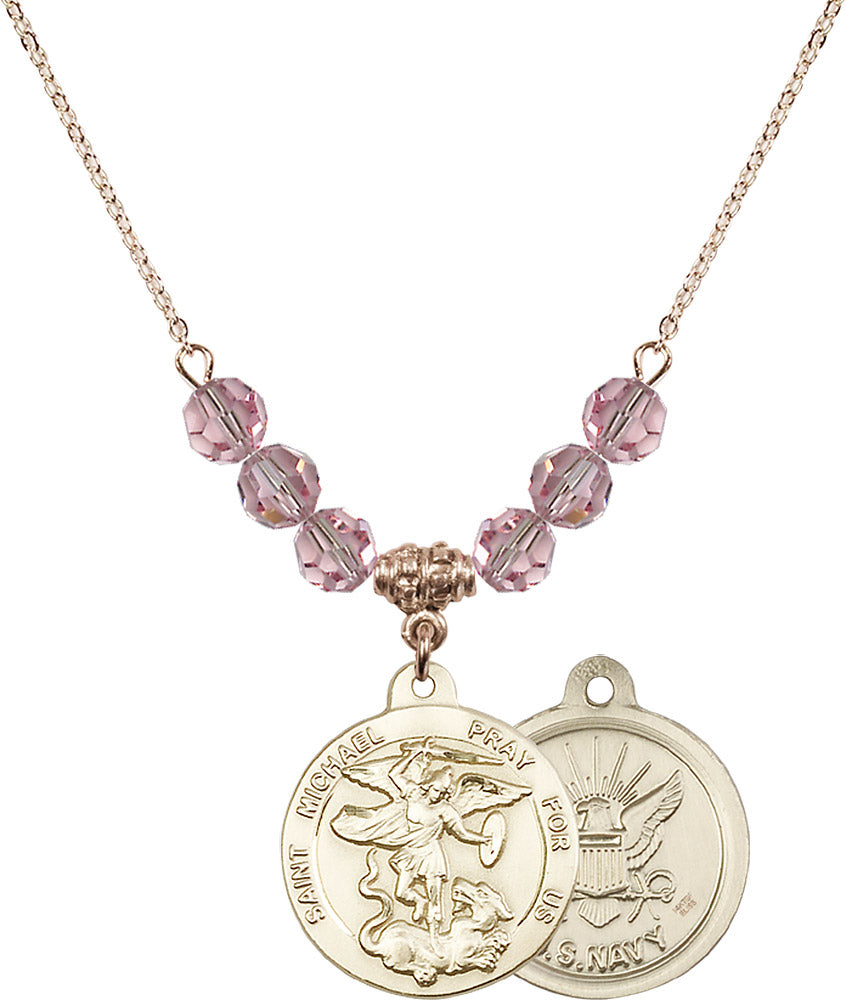 14kt Gold Filled Saint Michael / Navy Birthstone Necklace with Light Rose Beads - 0342