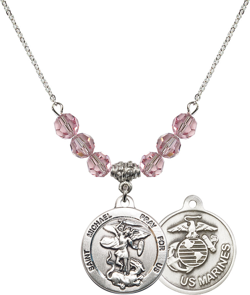 Sterling Silver Saint Michael / Marines Birthstone Necklace with Light Rose Beads - 0342