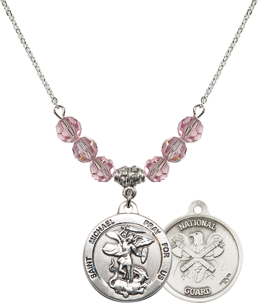 Sterling Silver Saint Michael / Nat'l Guard Birthstone Necklace with Light Rose Beads - 0342