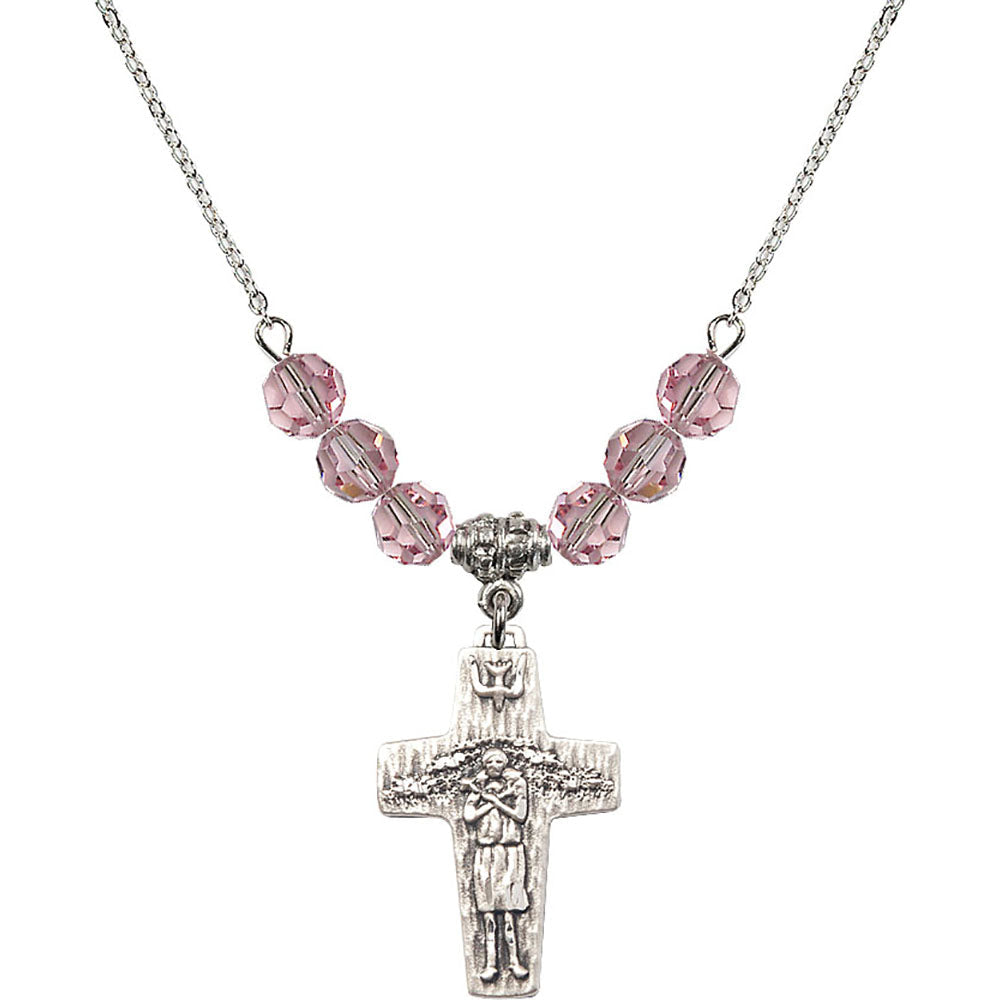 Sterling Silver Papal Crucifix Birthstone Necklace with Light Rose Beads - 0569