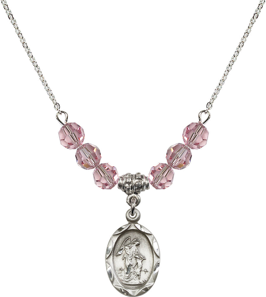 Sterling Silver Guardian Angel Birthstone Necklace with Light Rose Beads - 0612
